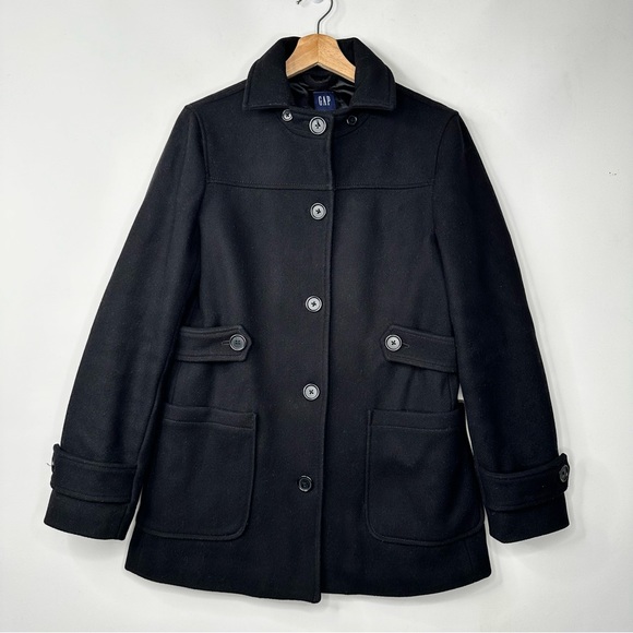GAP Jackets & Blazers - Gap Woman Pea Coat Winter Black Wool Blend Long Sleeves Pockets Button Up